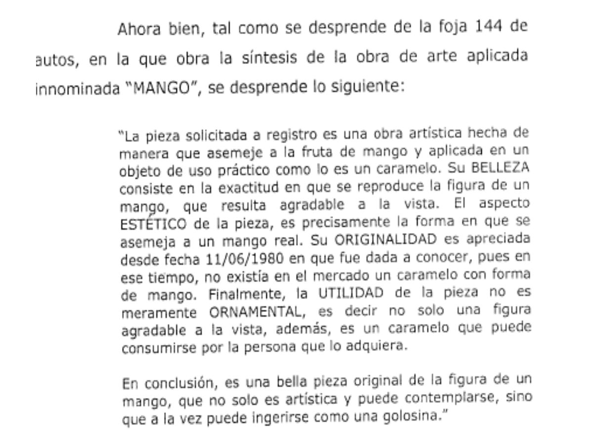 Foja 144 del expediente INDAUTOR donde se sintetiza la obra de arte aplicada MANGO, con los elementos belleza, estético, originalidad y utilidad