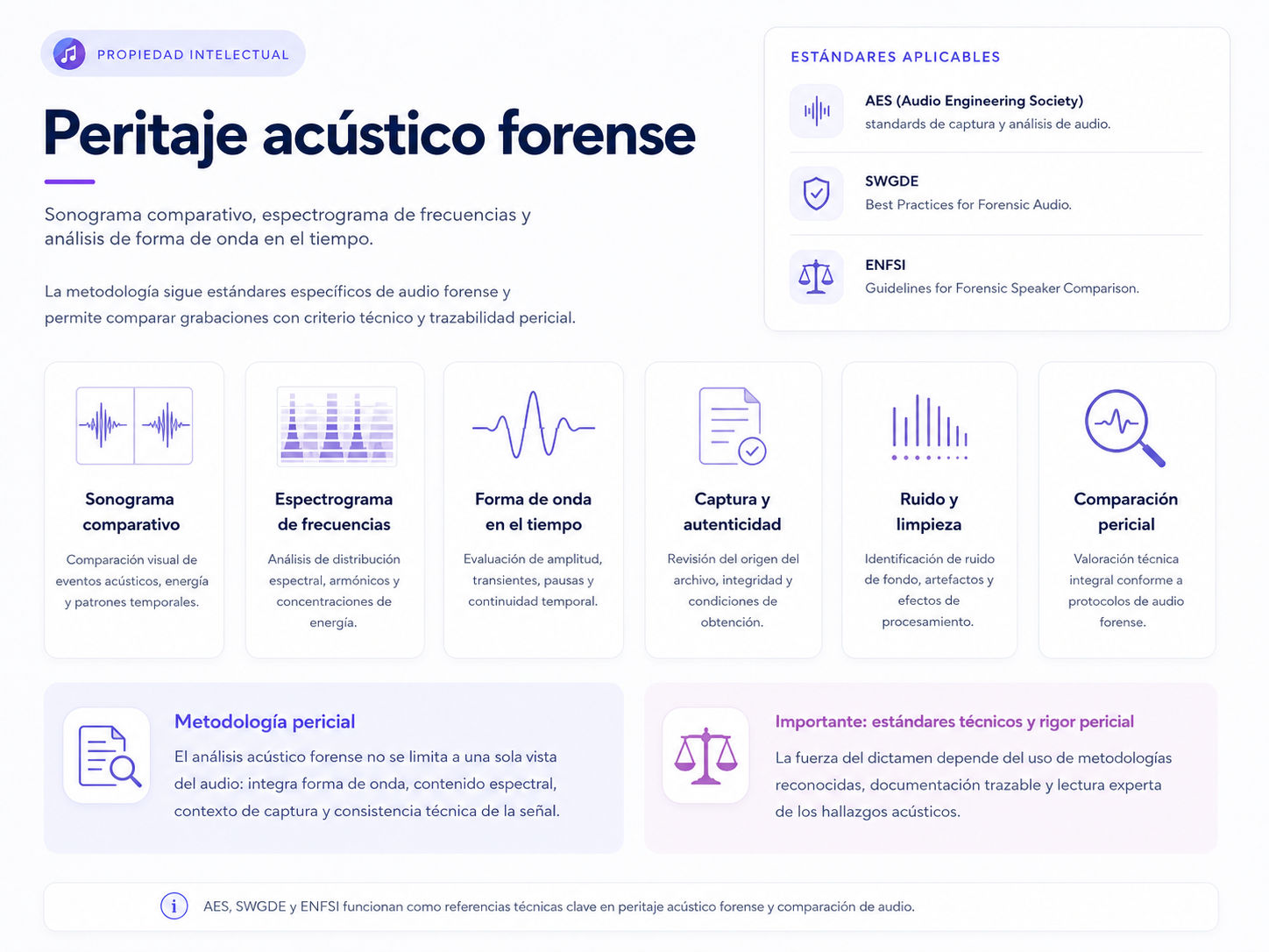 Peritaje acústico forense · sonograma comparativo, espectrograma de frecuencias y análisis de forma de onda