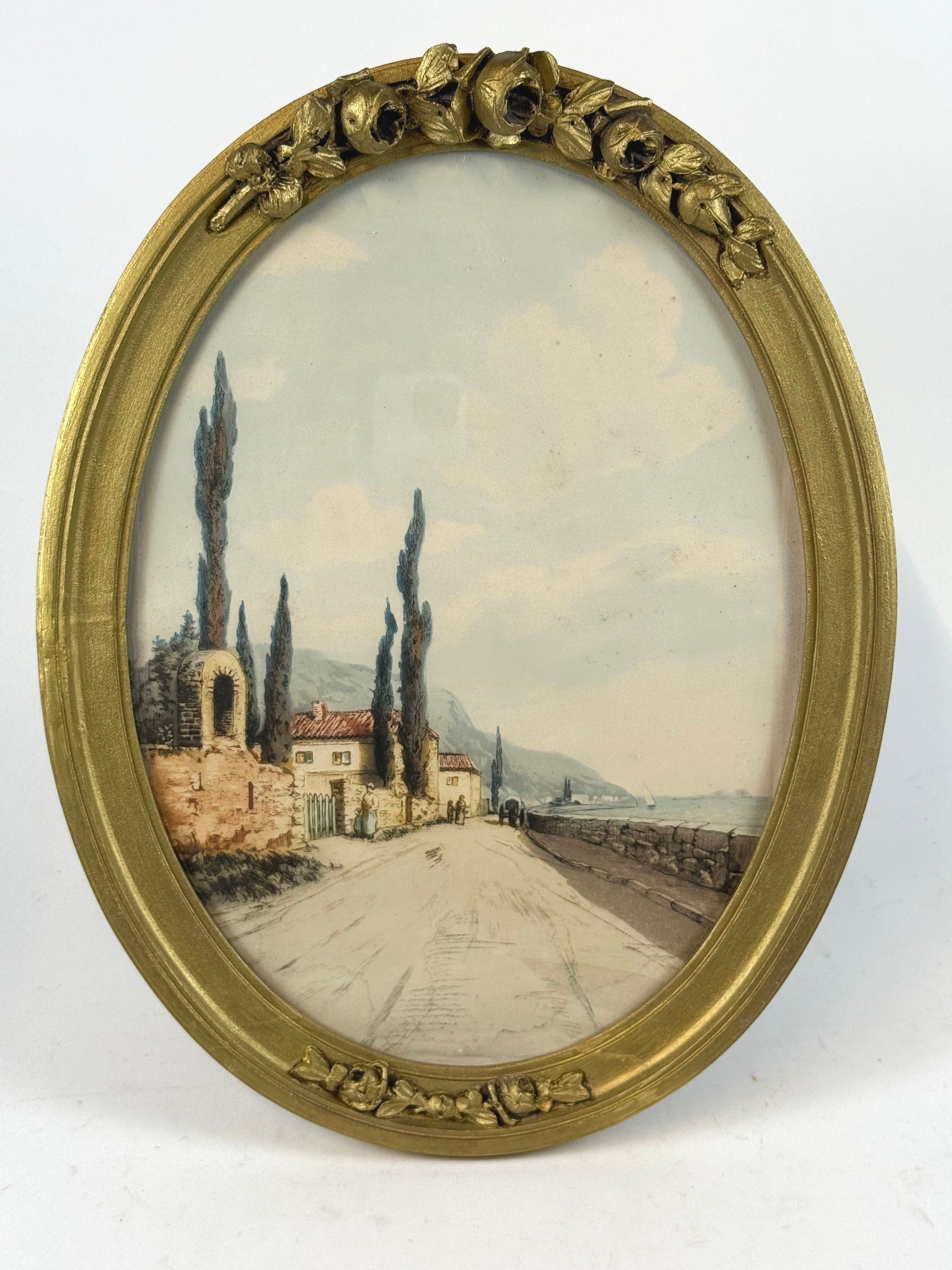 Gravure aquarellée à vue ovale représentant un paysage lacustre. - Lazuli