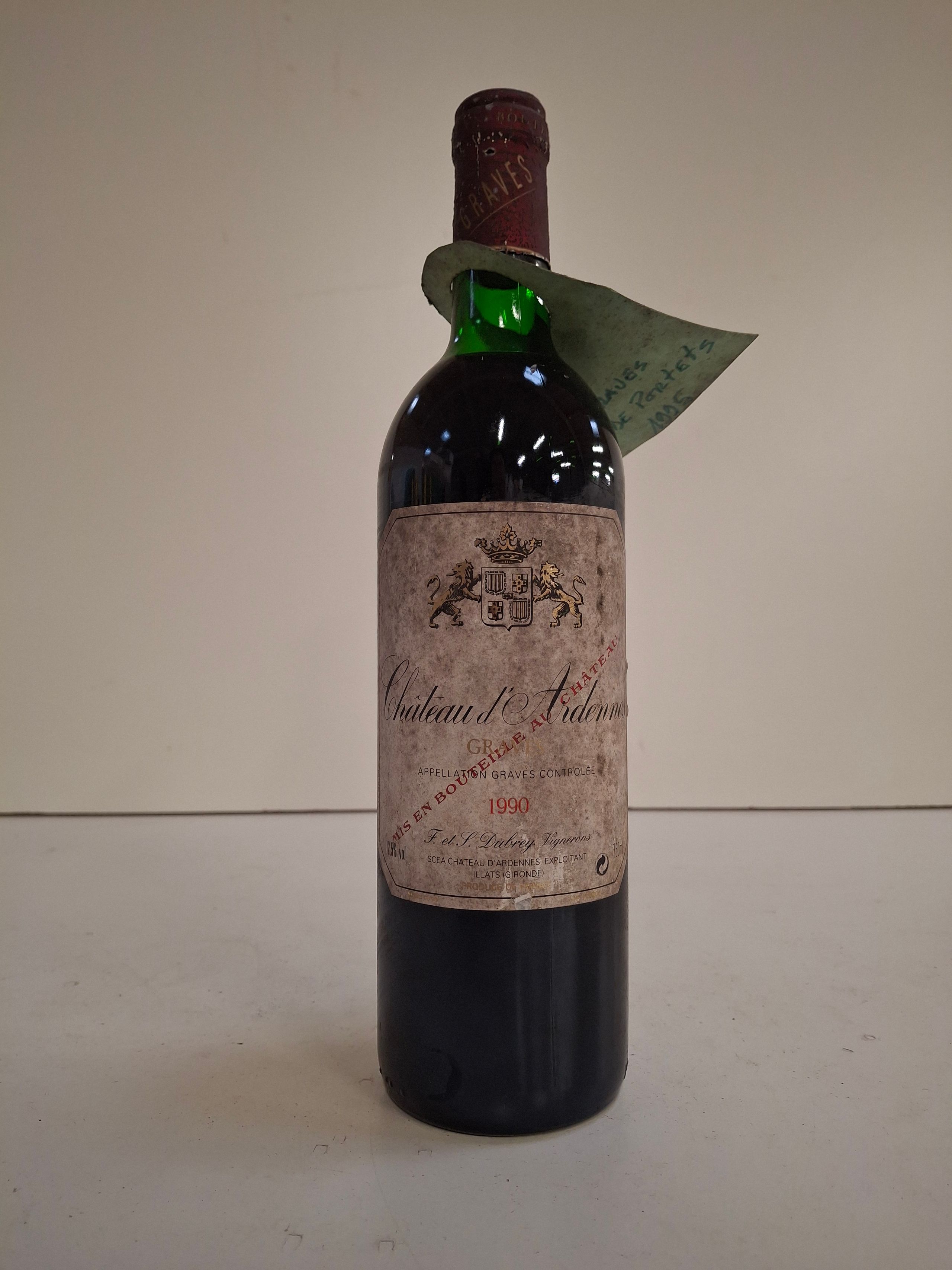 Bouteille Château d’Ardennes 1990 Grand vin des Graves propriétaire récoltant F et S Duberrey niveau bon, étiquette passée - Lazuli