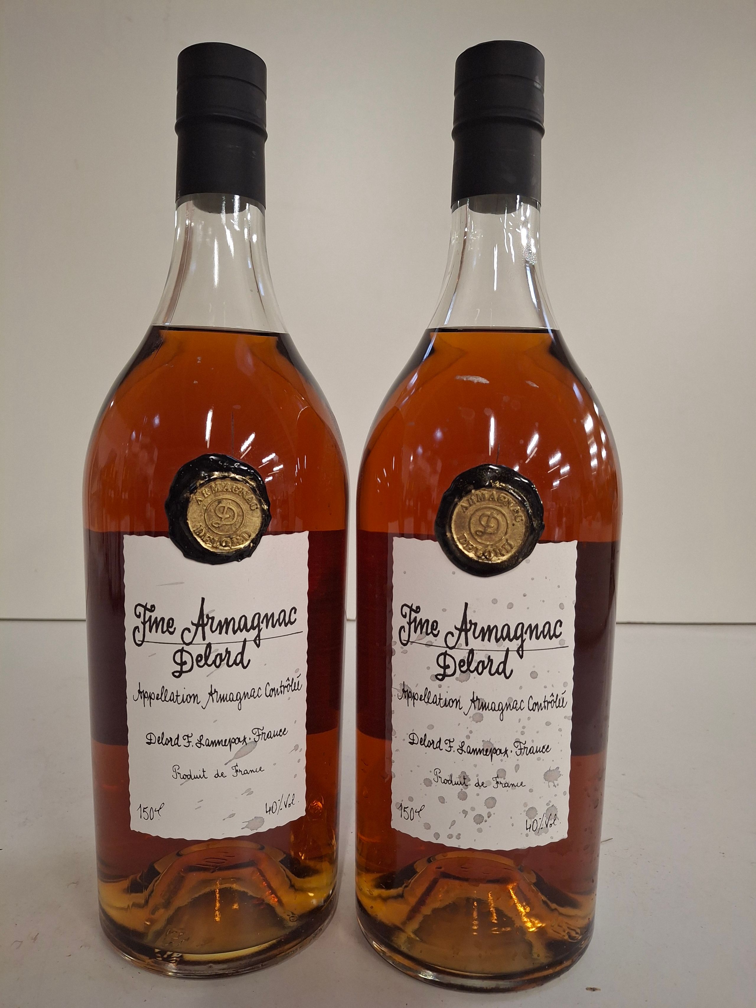 Lot de 2 bouteilles : Magnums 150cl Fine Armagnac Delord 40 % vol étiquettes tachées, histoire de famille depuis 1893 - Lazuli