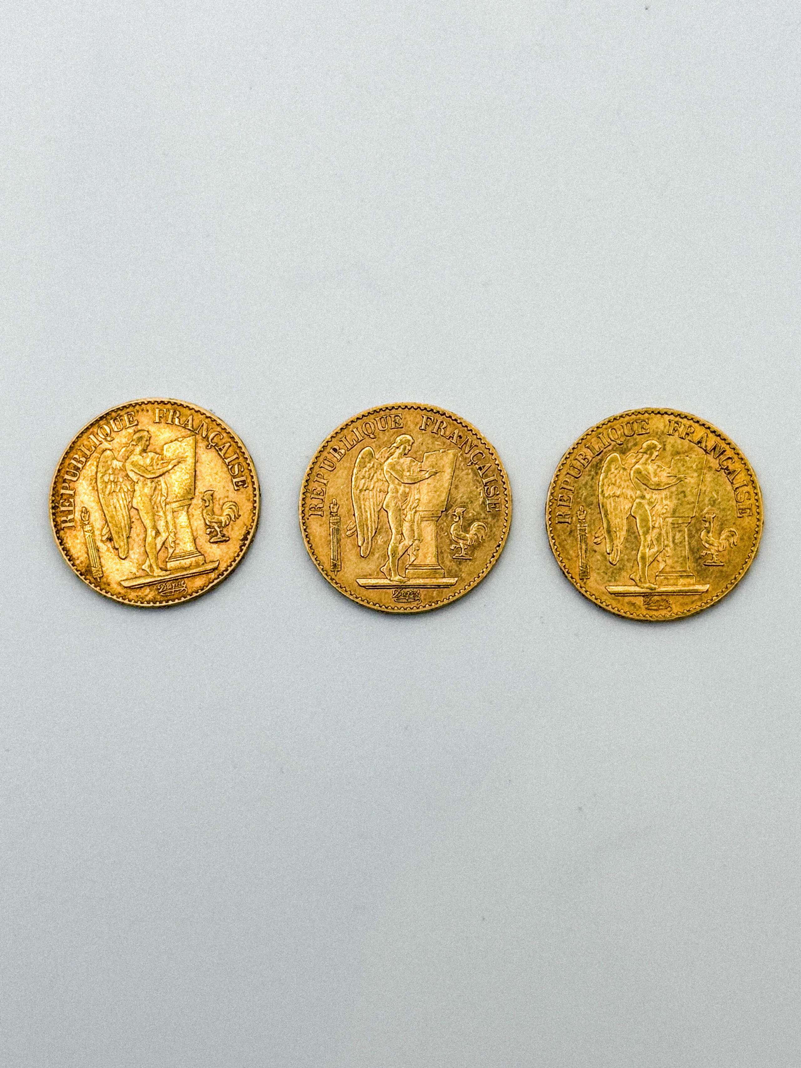 Lot de trois pièces en or de 20 francs Génie IIIe République (1891 A ; 1895 A ; 1898 A) - Lazuli
