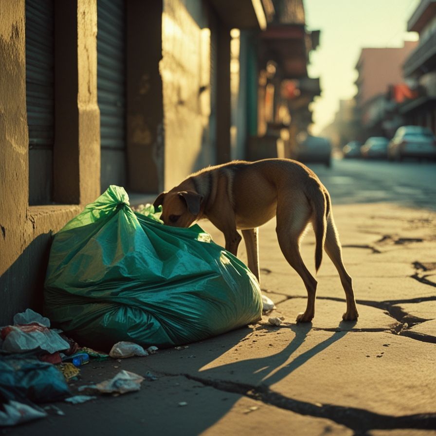 Perro callejero buscando comida