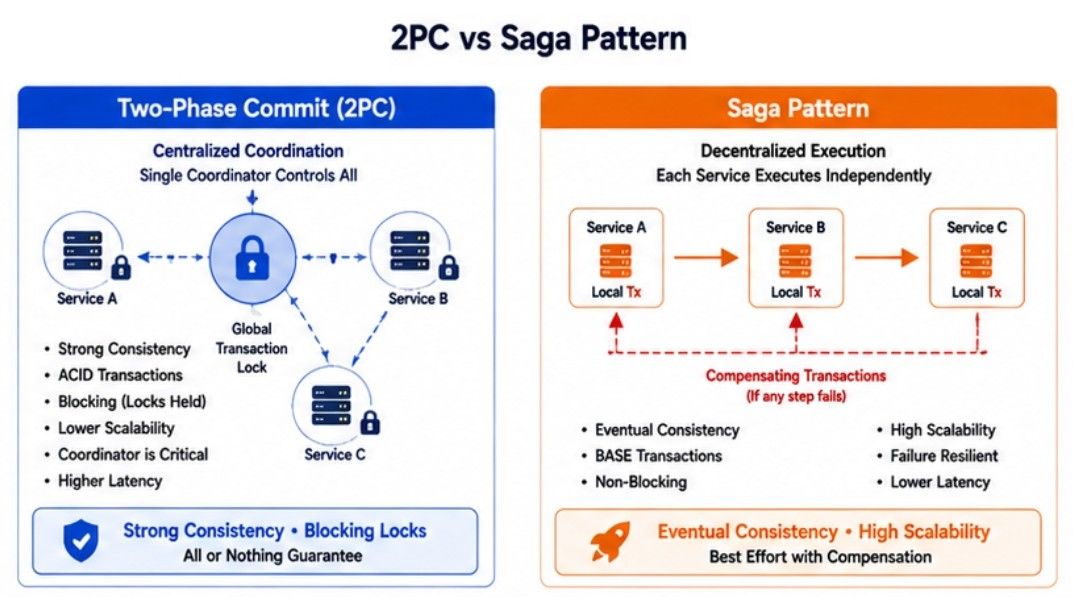 Two-Phase Commit (2PC) vs Saga Pattern Difference Between Two-Phase Commit (2PC) vs Saga Pattern