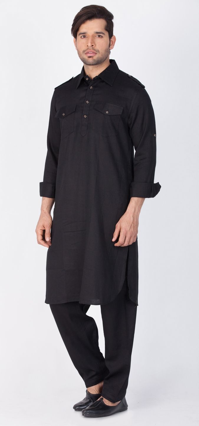 1503133: Black and Grey color Cotton fabric Pathani Suit