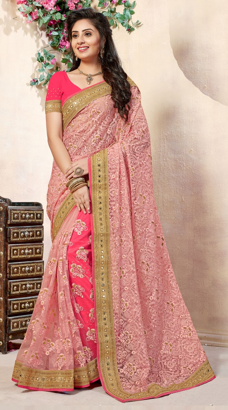 1515032: Wedding Pink and Majenta color Net fabric Saree