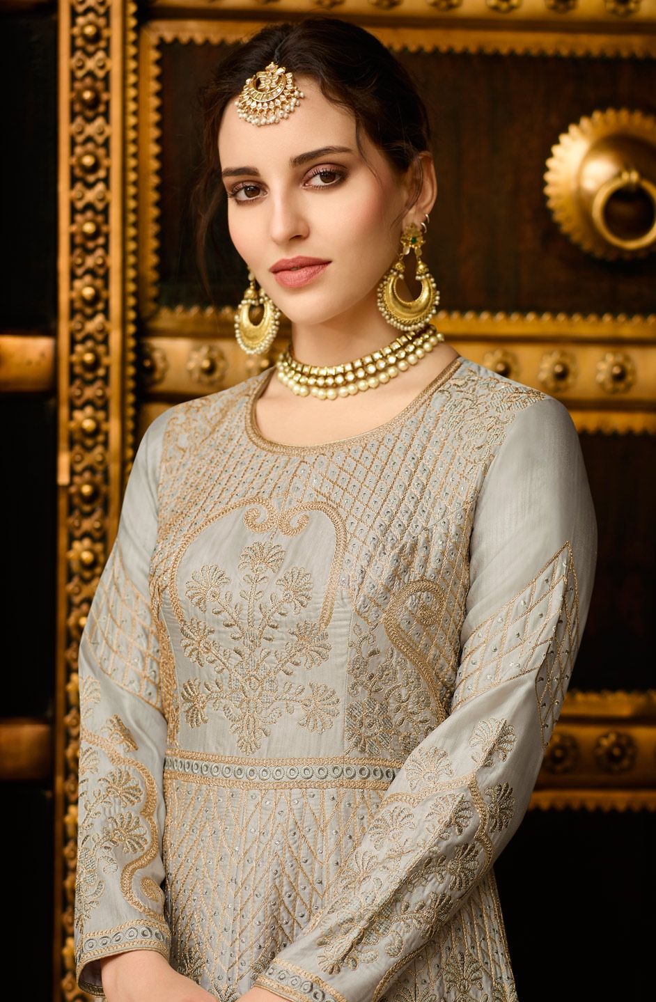 1529483 Party Wear Black and Grey color Milan Silk fabric Gown