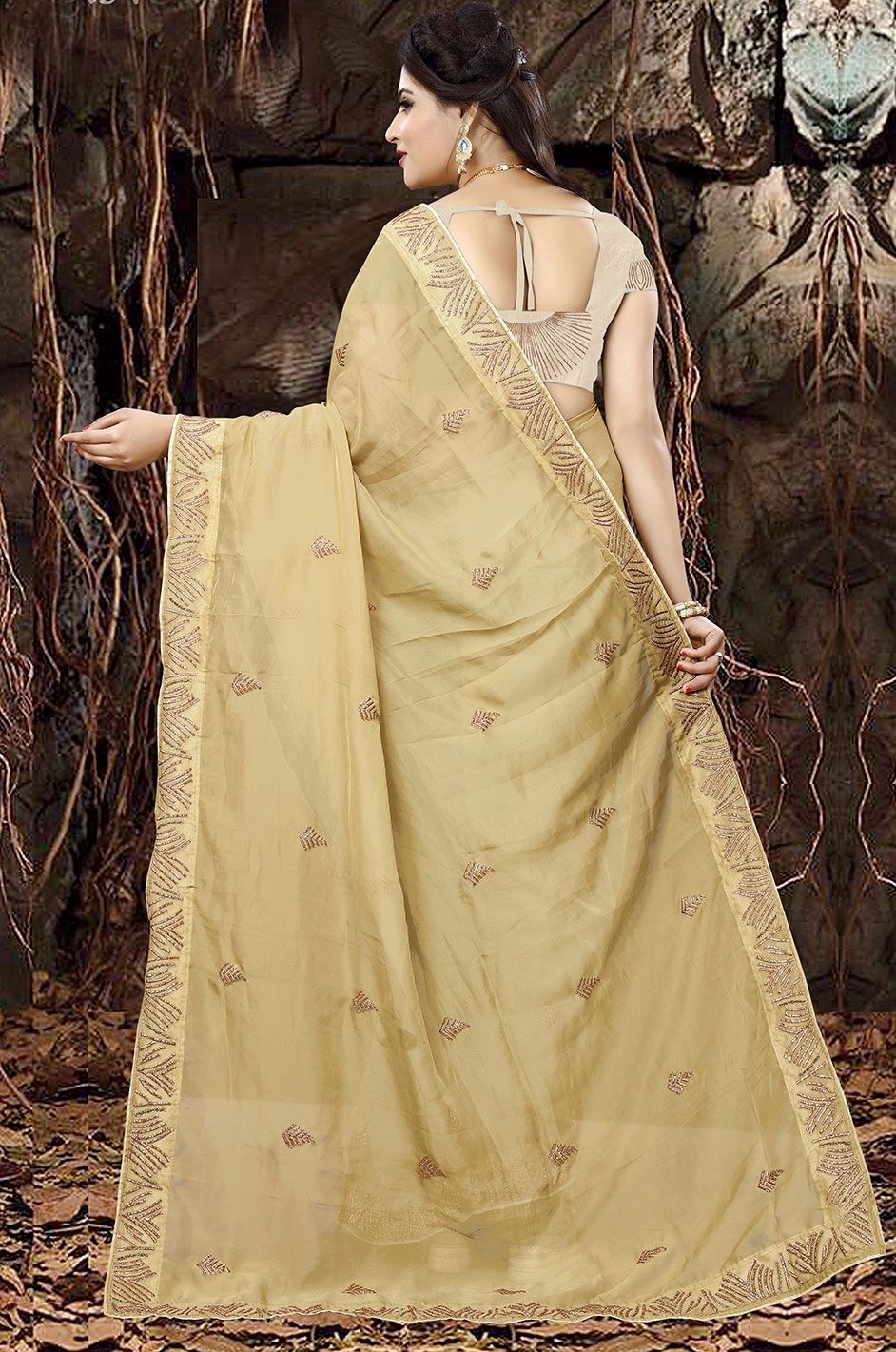 Party Wear Traditional Gold Color Organza Silk Silk Fabric Saree