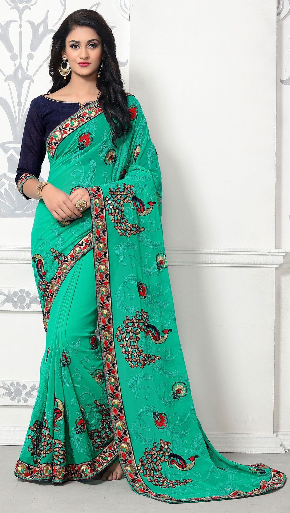 1555366 Party Wear Green color Faux fabric Saree
