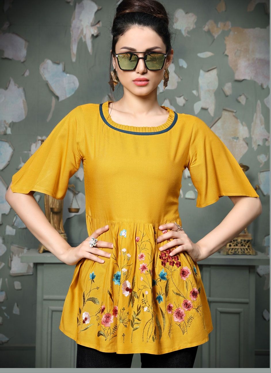 1562237: Casual Yellow color Rayon fabric Tops and Shirts