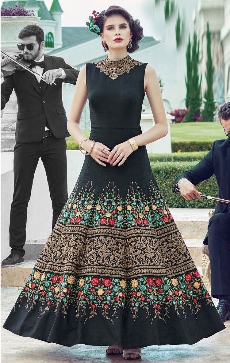 Party Wear Black and Grey color Bangalore Silk fabric Salwar Kameez : 1567604