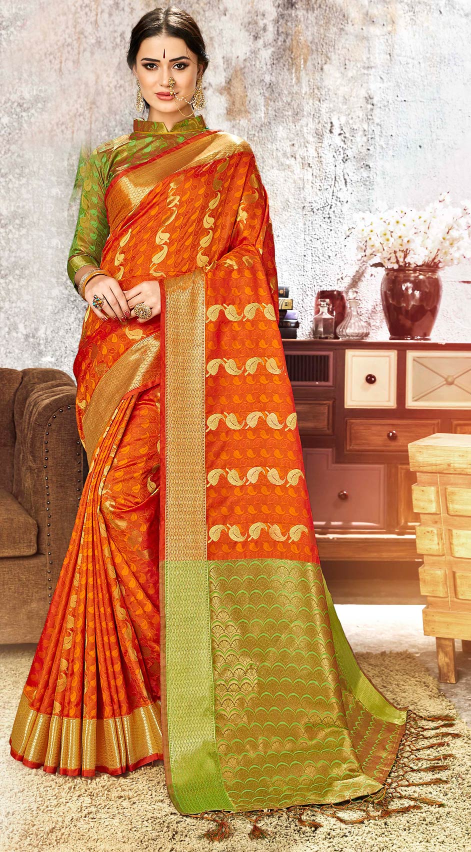 Traditional Orange color Kanjeevaram Silk, Silk fabric Saree 1581848