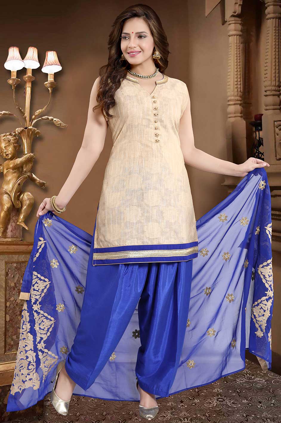 Party Wear Beige and Brown color Bangalore Silk fabric Salwar Kameez : 1583822