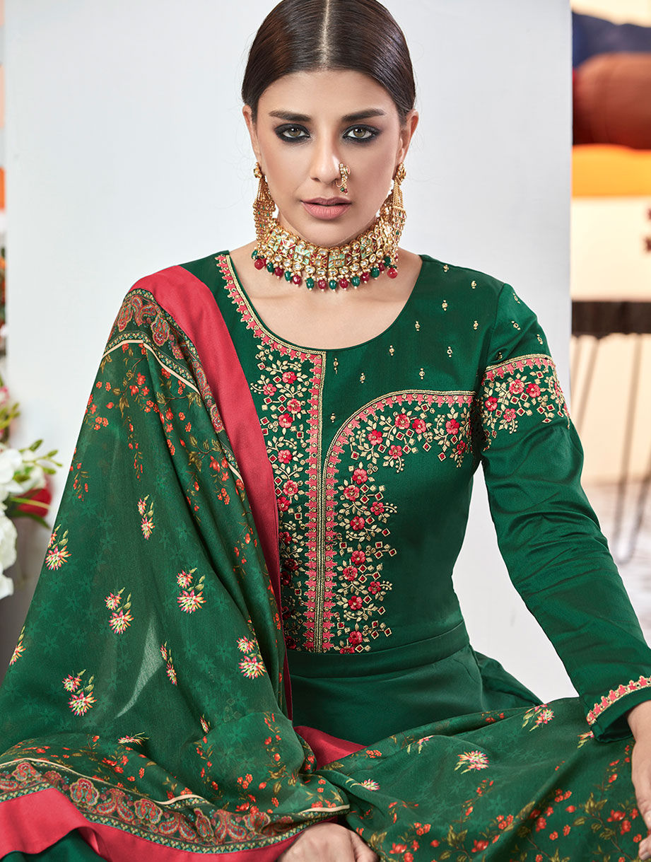Party Wear Green color Satin Silk fabric Salwar Kameez 1607697