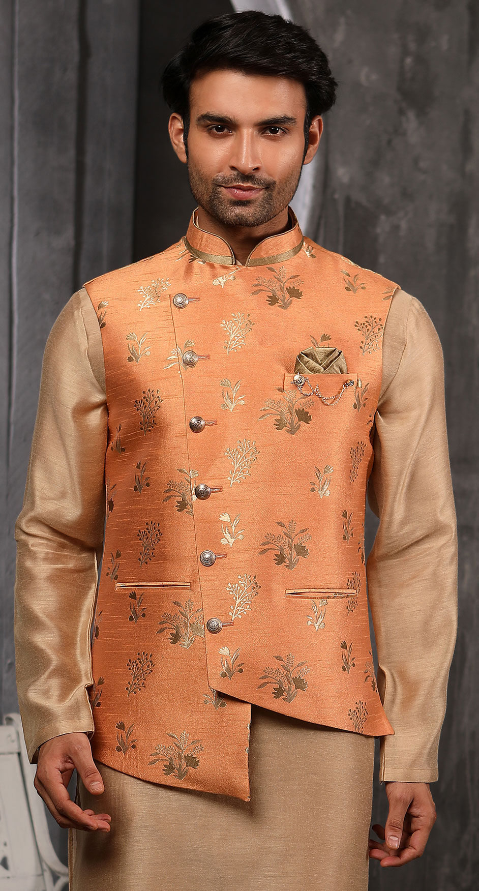 Beige and Brown color Banarasi Silk, Jacquard fabric Kurta Pyjama with ...