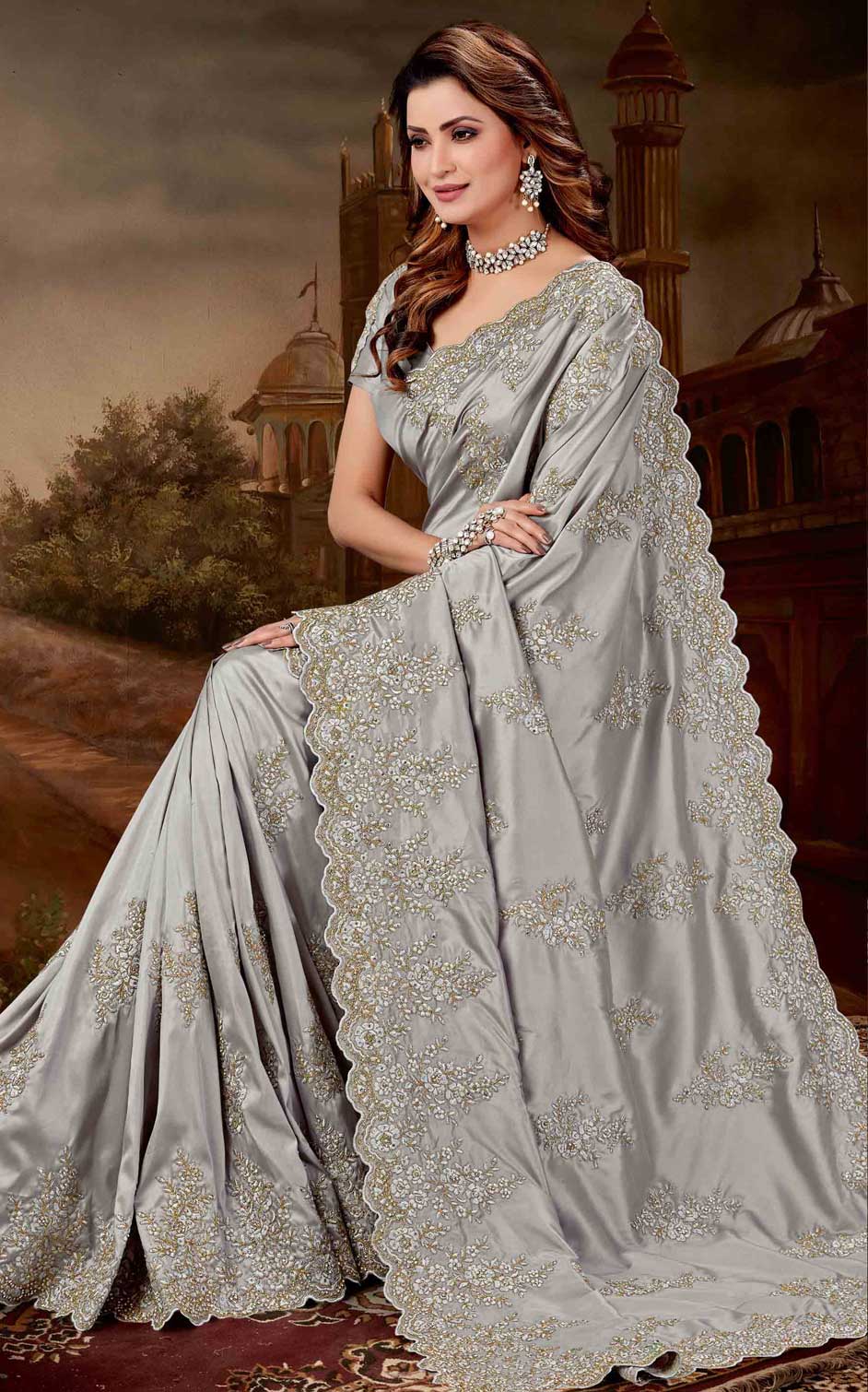 Traditional Silver color Satin Silk, Silk fabric Saree 1611458