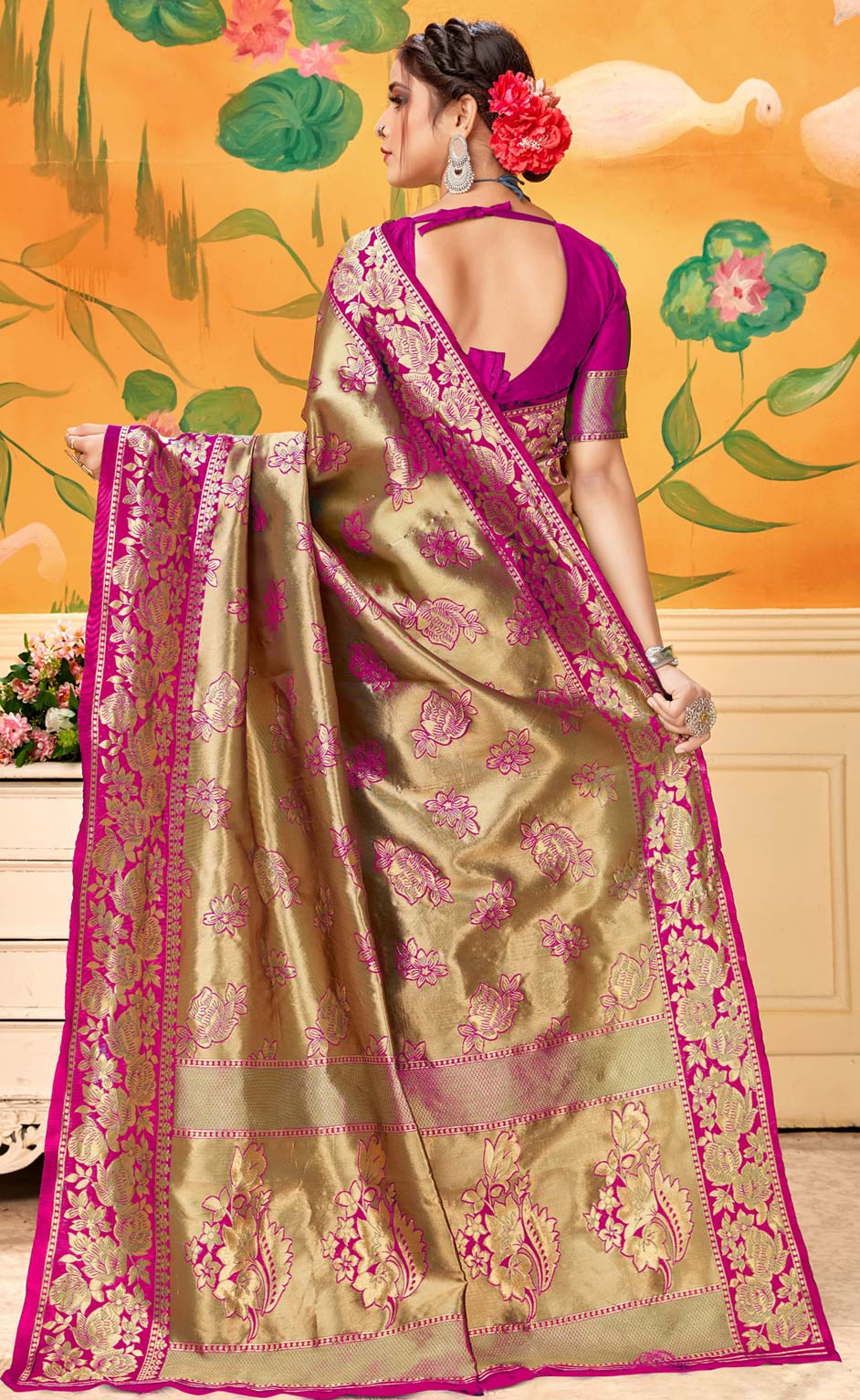 Casual Traditional Pink And Majenta Color Litchi Silk Silk Fabric