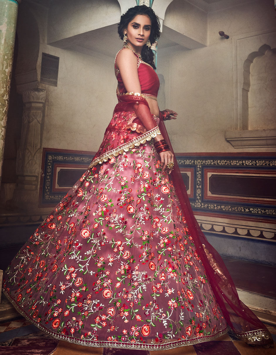 maroon and pink lehenga