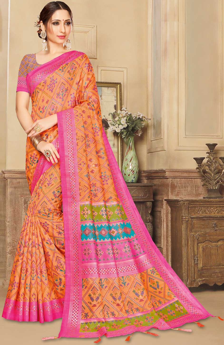Cotton Silk Saree - Grey x Orange