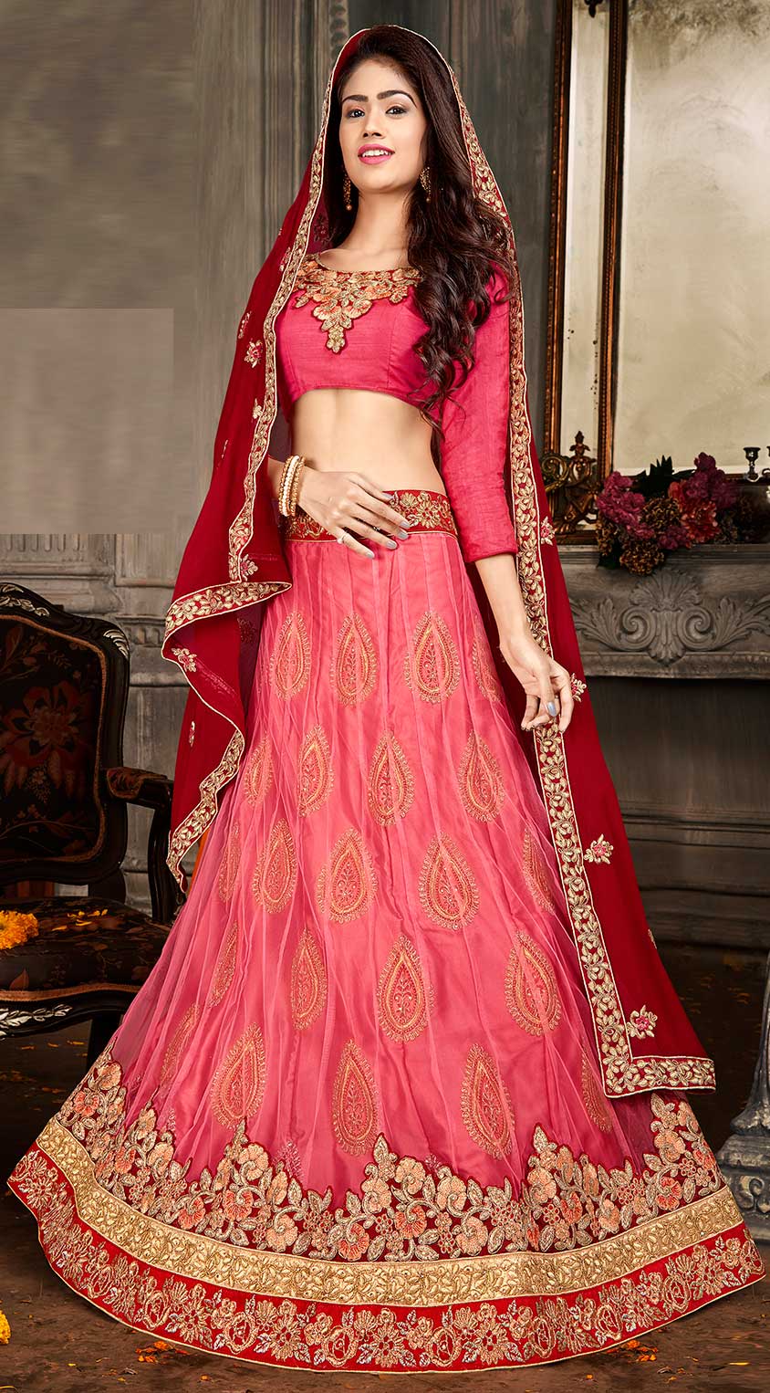 Bridal, Reception, Wedding Pink and Majenta color Net fabric Lehenga : 1632465