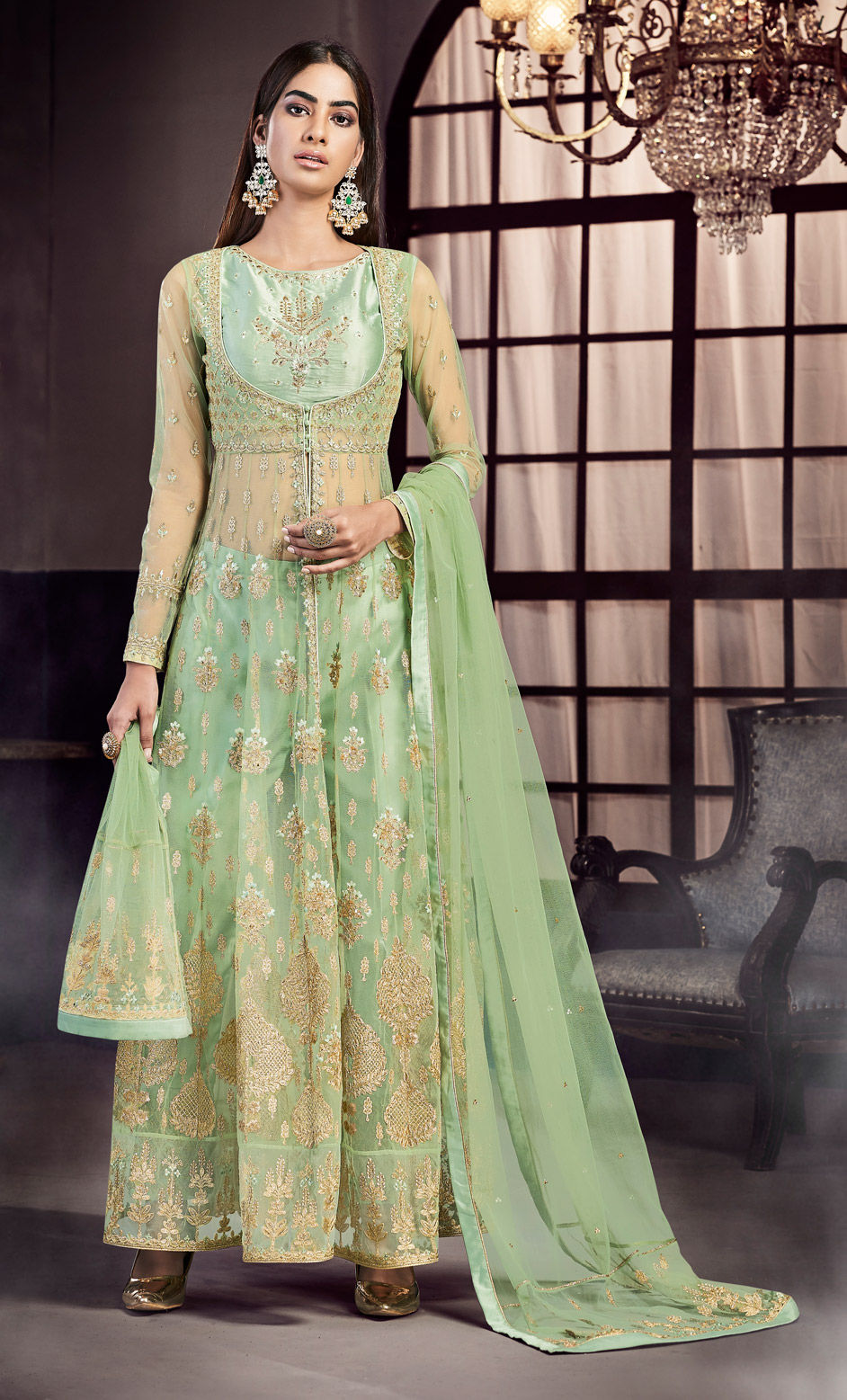 Festive, Mehendi Sangeet, Wedding Green color Net, Satin Silk fabric ...