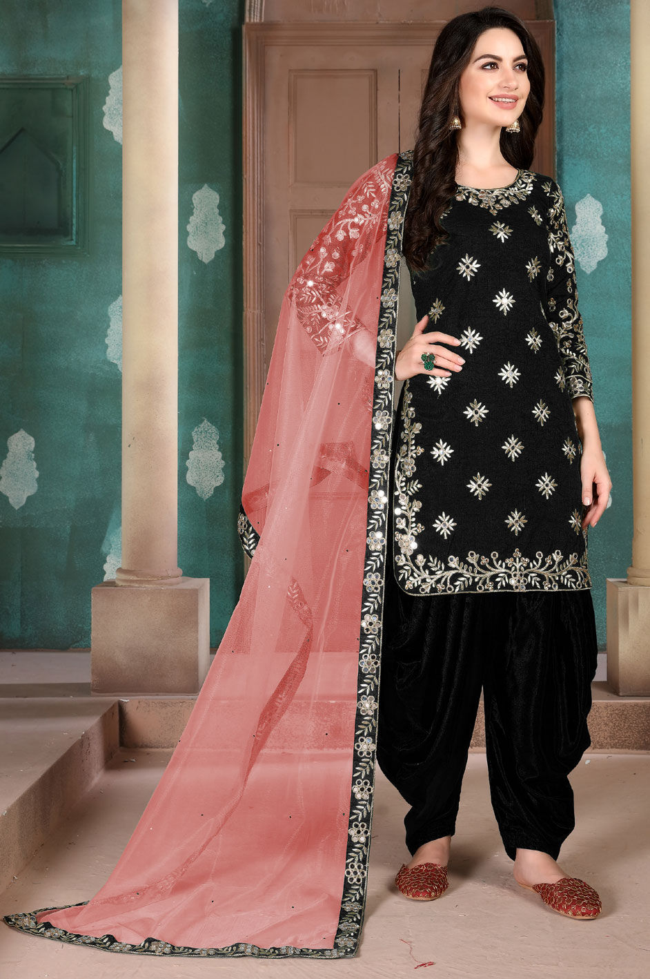 Festive Reception Black And Grey Color Art Silk Fabric Salwar Kameez 1659660 