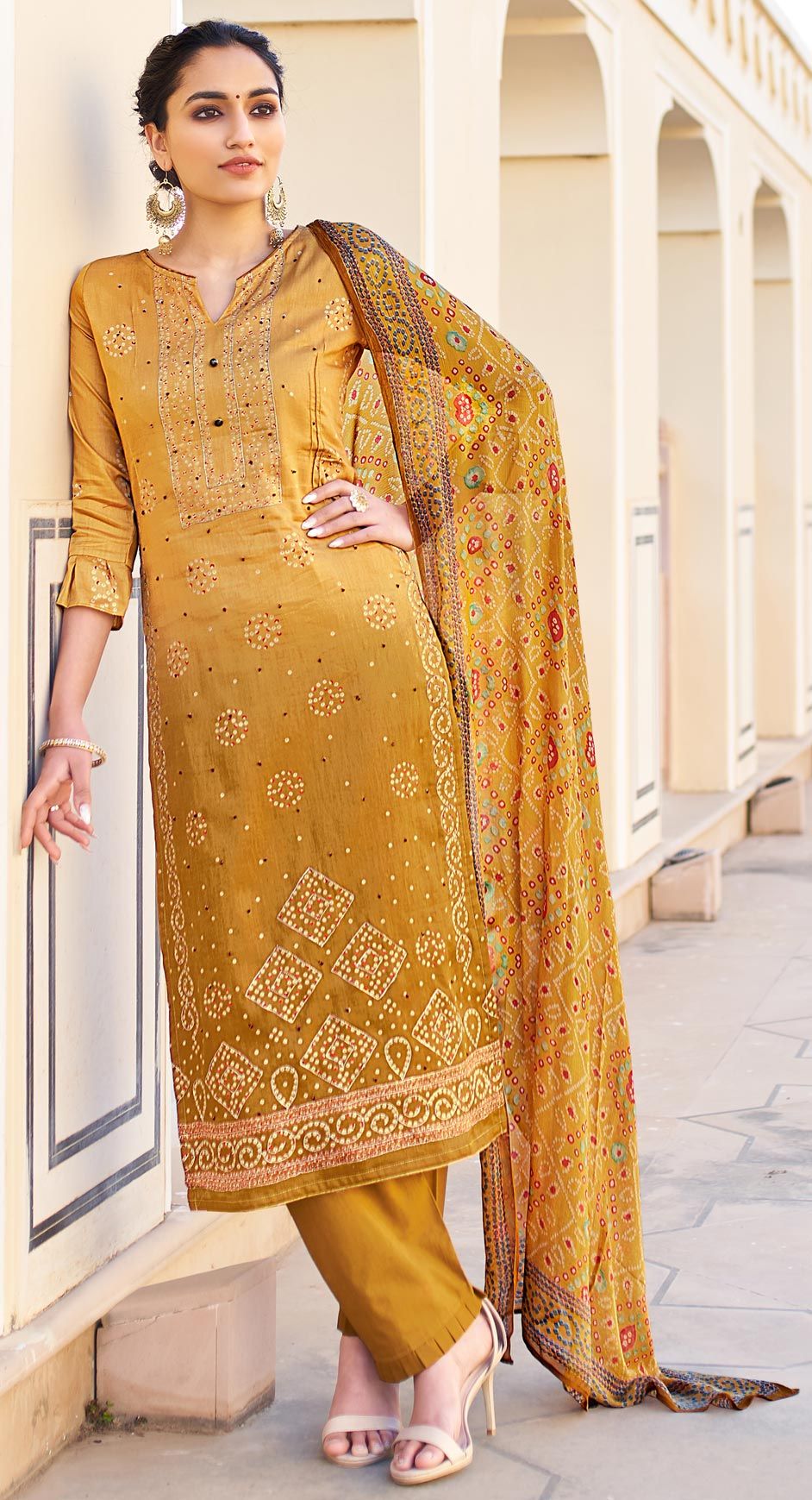 Festive, Party Wear Gold color Art Silk fabric Salwar Kameez 1705136
