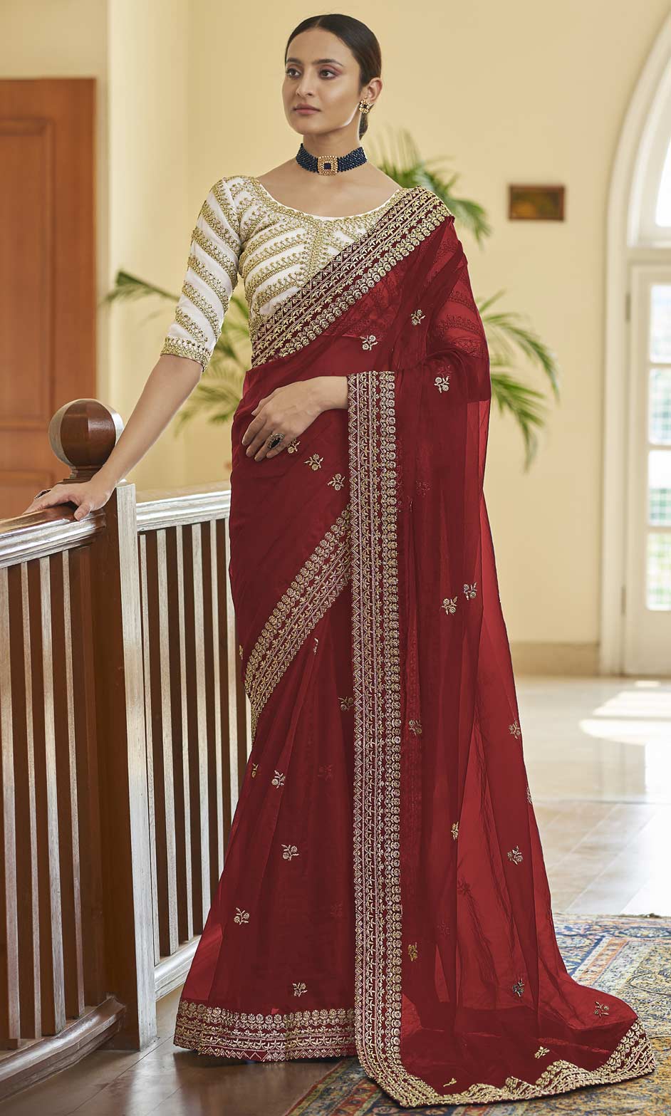 Traditional Red and Maroon color Organza Silk, Silk fabric Saree : 1734230