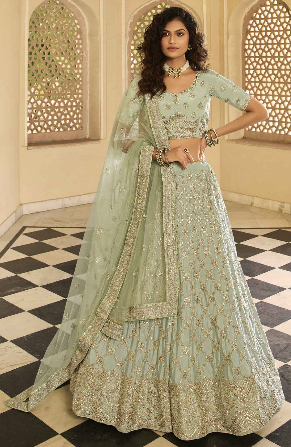 OLIVE GREEN CREPE SILK LEHENGA