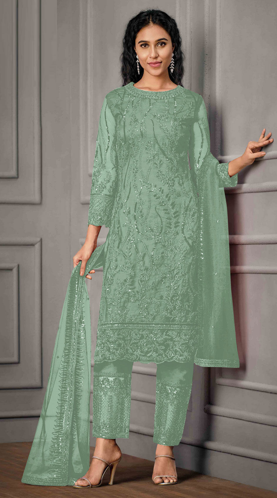 Party Wear Green color Net fabric Salwar Kameez 1821199