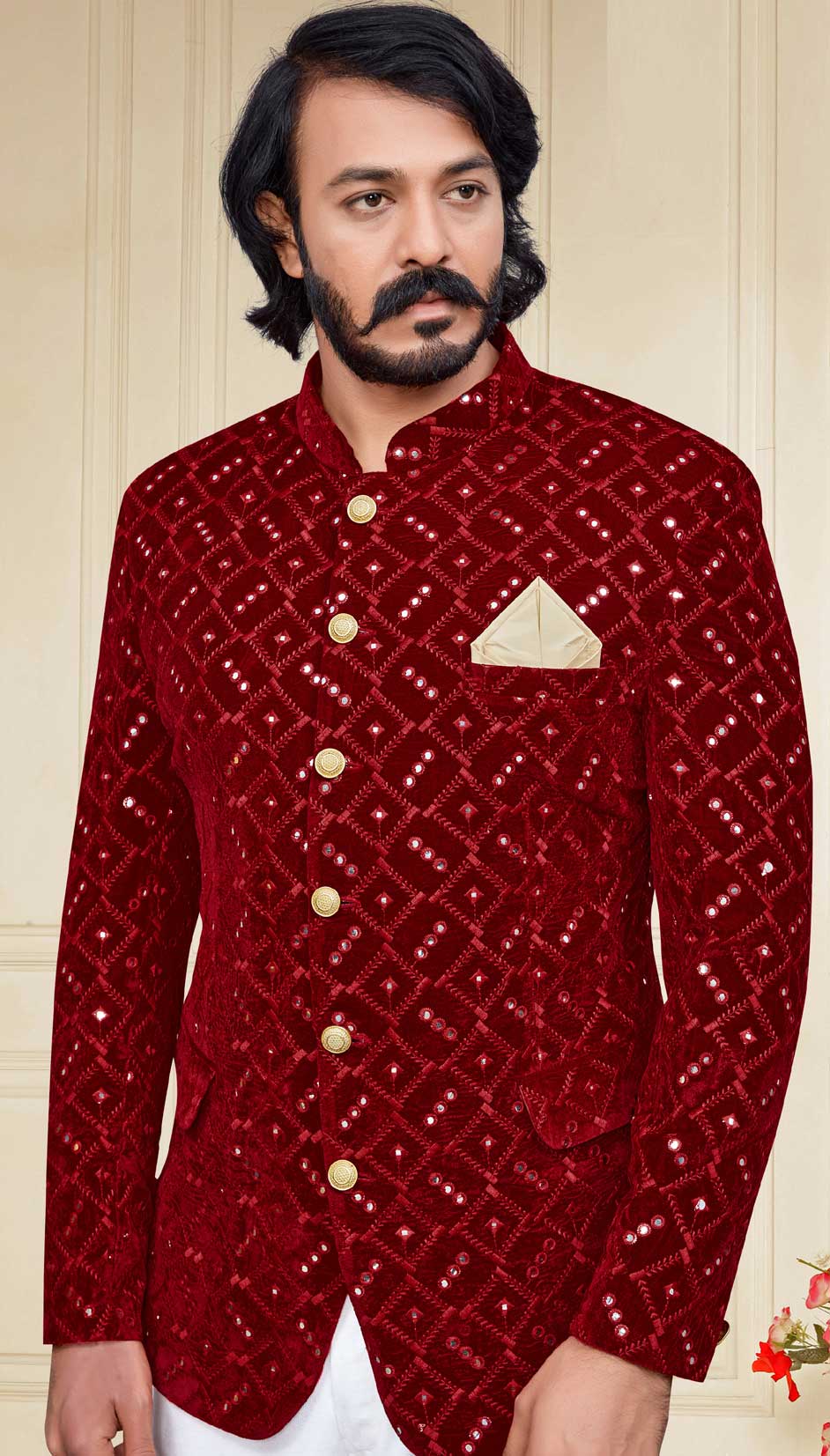 Red and Maroon color Velvet fabric Jodhpuri Suit 1824559
