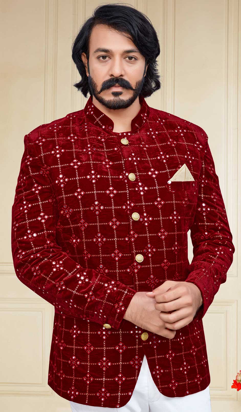 Red and Maroon color Velvet fabric Jodhpuri Suit 1824576