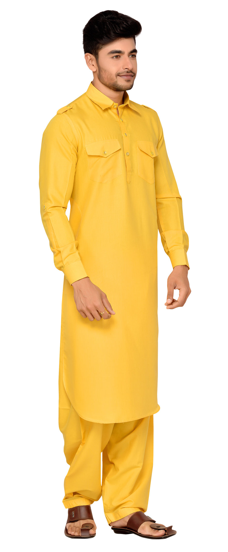 507049 Yellow color Cotton fabric Pathani Suit