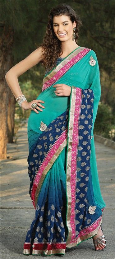 108738: Blue color family Saree with matching unstitched blouse.