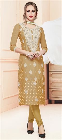 Casual Gold color Salwar Kameez in Cotton fabric with Straight Embroidered, Resham, Thread work : 1522728