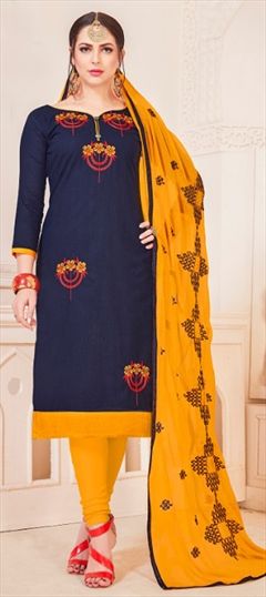 1537659: Casual Blue color Salwar Kameez in Cotton fabric with Straight Embroidered, Resham, Thread work