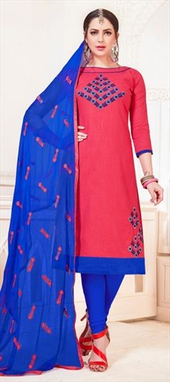 Casual Pink and Majenta color Salwar Kameez in Cotton fabric with Straight Embroidered, Resham, Thread work : 1537662