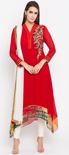 1547328: Party Wear Red and Maroon color Salwar Kameez in Faux Georgette fabric with Asymmetrical Embroidered, Resham, Thread work