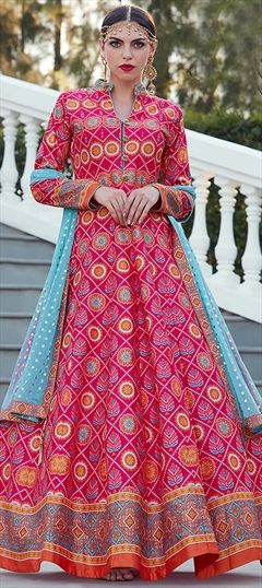 Party Wear, Reception Multicolor color Salwar Kameez in Art Silk fabric with Abaya, Anarkali Printed work : 1564666