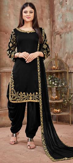 Party Wear, Reception Black and Grey color Salwar Kameez in Art Silk fabric with Patiala Embroidered, Lace, Mirror, Thread work : 1592368