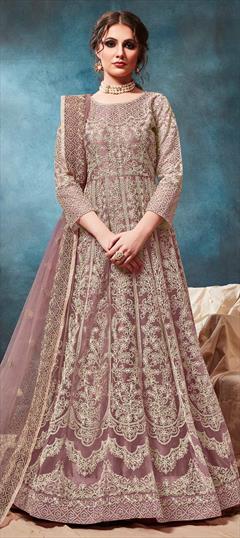 Party Wear Beige and Brown color Salwar Kameez in Net fabric with Abaya, Anarkali Embroidered, Thread work : 1606903