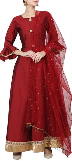 Festive, Reception Red and Maroon color Salwar Kameez in Taffeta Silk fabric with Straight Lace work : 1613516