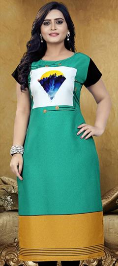 Casual Green color Kurti in Crepe Silk fabric with Short, Straight Digital Print work : 1617214