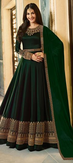 Engagement, Reception, Wedding Green color Salwar Kameez in Georgette fabric with Anarkali Bugle Beads, Embroidered, Lace, Thread work : 1621594