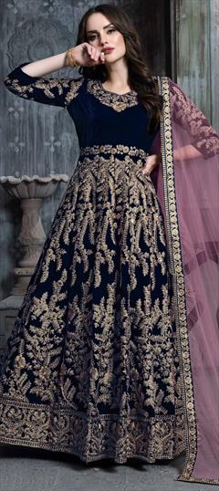 Festive, Reception Blue color Salwar Kameez in Semi Velvet fabric with Abaya, Anarkali Embroidered, Thread, Zari work : 1622858