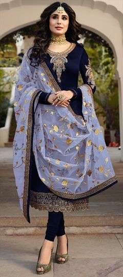 Bollywood Blue color Salwar Kameez in Georgette fabric with Churidar Embroidered, Resham, Stone, Thread, Zari work : 1622986