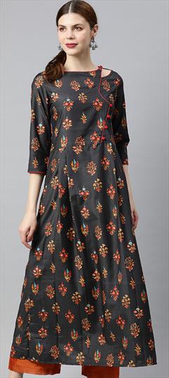 Casual Black and Grey color Dress in Rayon fabric with Printed work : 1627310