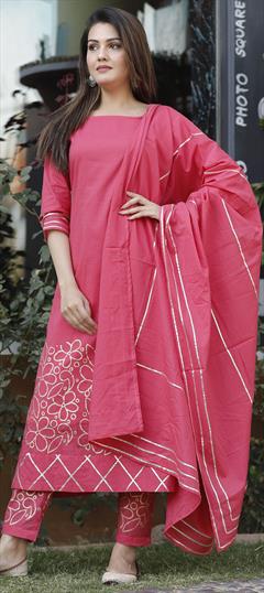 Designer Pink and Majenta color Salwar Kameez in Cotton fabric with Palazzo Gota Patti work : 1632632