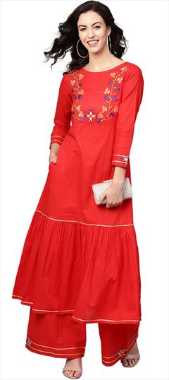 Party Wear Red and Maroon color Tunic with Bottom in Cotton fabric with Embroidered, Thread work : 1639399