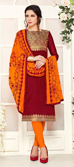 Casual Red and Maroon color Salwar Kameez in Banarasi Silk fabric with Churidar Embroidered, Thread work : 1648798